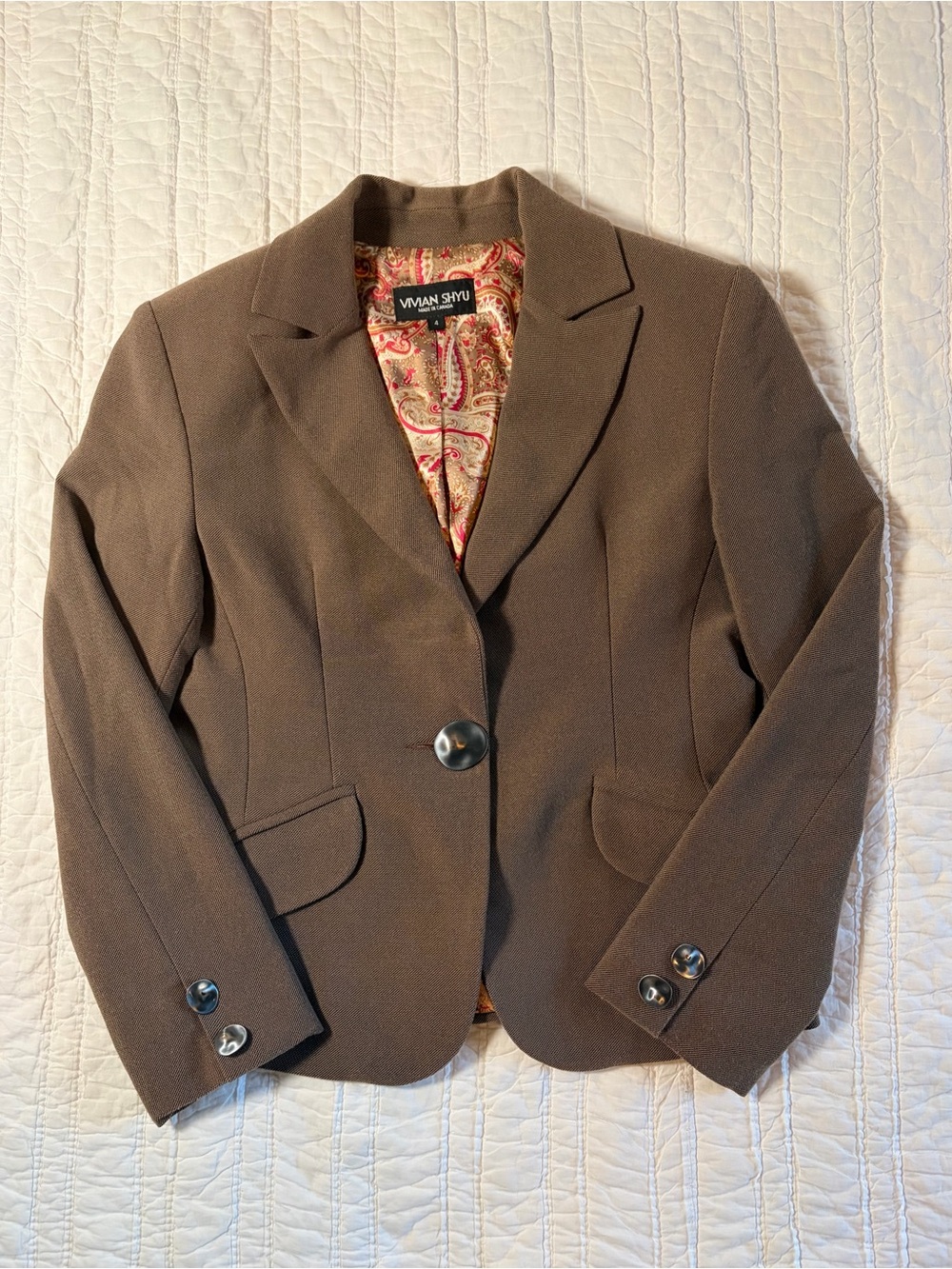 Vintage 90s Vivian Shyu Brown Single Button Blazer Paisley Lining Size 4